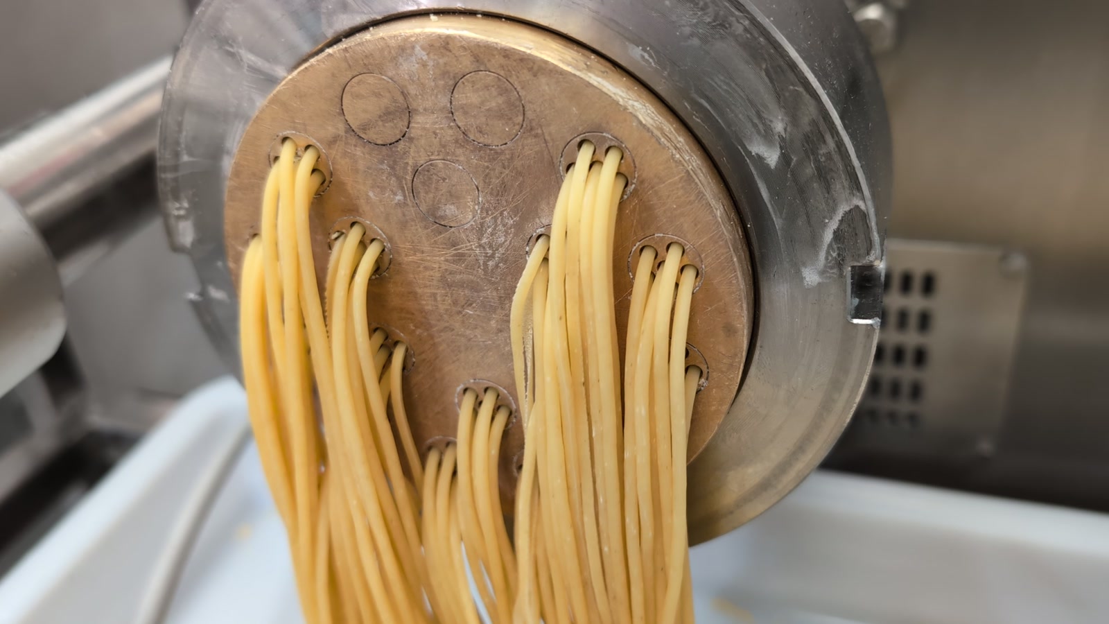 Spaghetti qui sortent de la filière en bronze, dans l'atelier Arvi'Pâtes